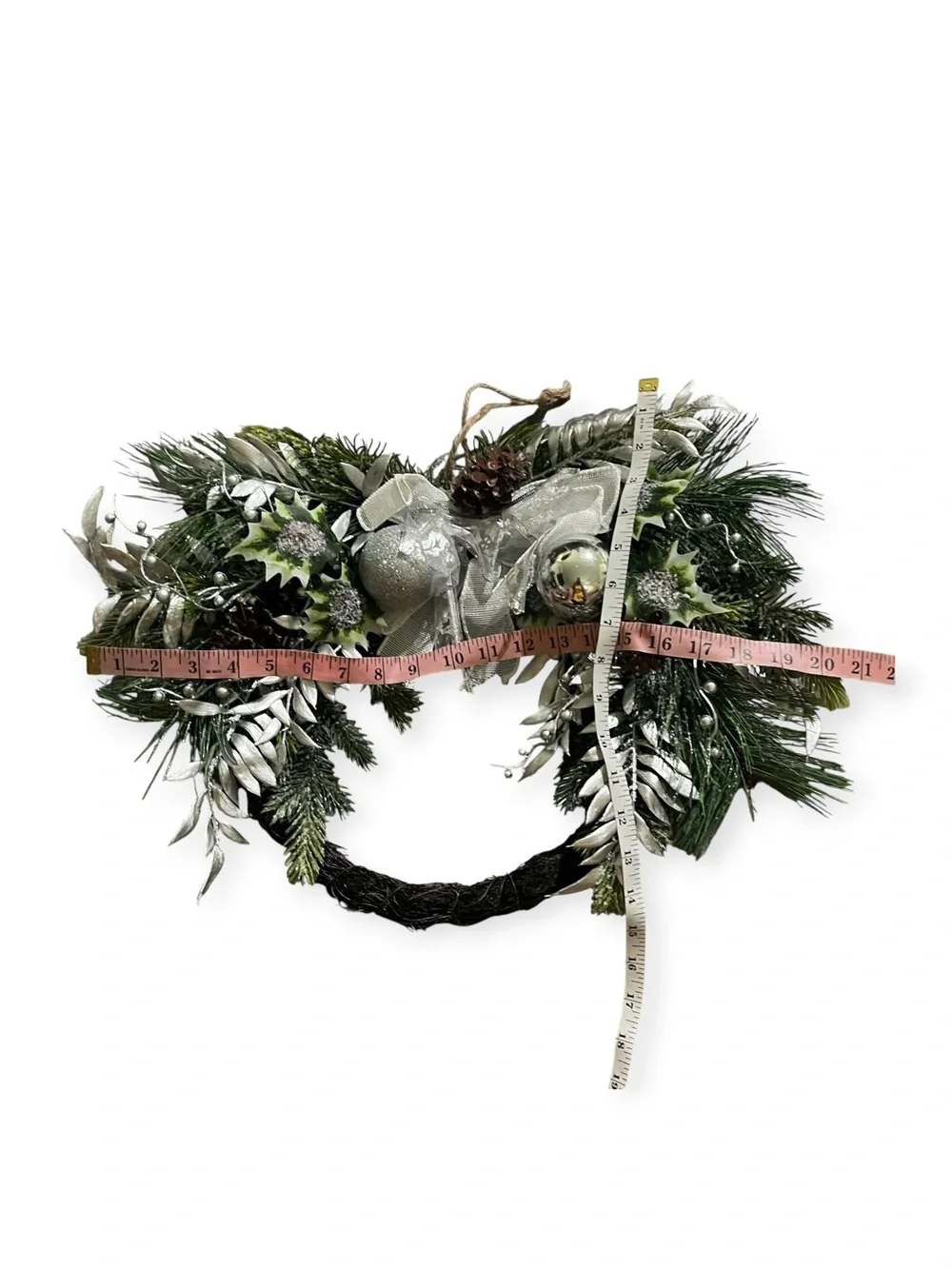 NWT! Holiday Silver & Green Pine Wreath with Bow